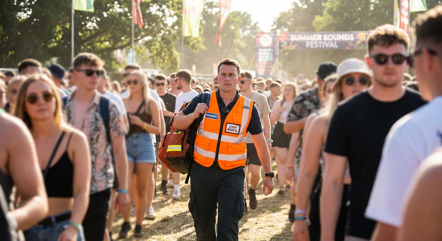 EMT responder moving quickly through a festival crowd