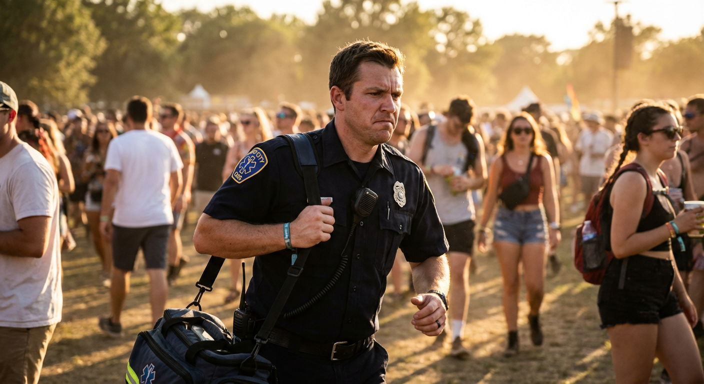 EMT responder moving quickly through an outdoor event crowd with purpose