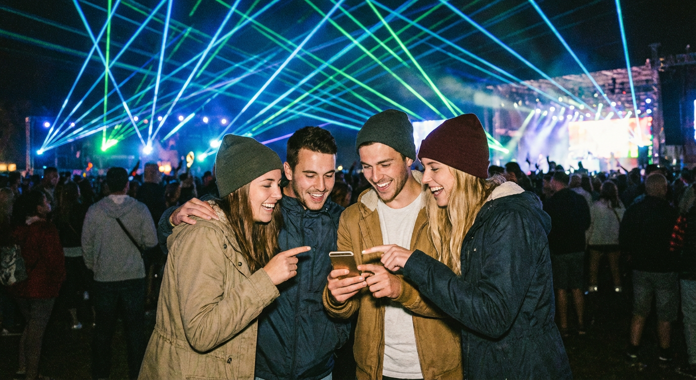 Friends at an outdoor event using smartphones