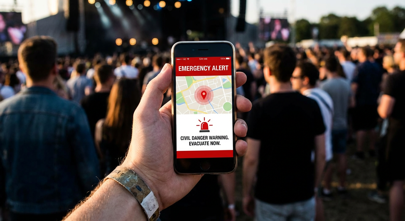 Smartphone displaying an emergency alert with GPS location pin at an outdoor event