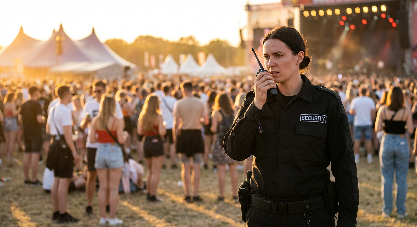 Event security staff with radio equipment at a crowded outdoor venue